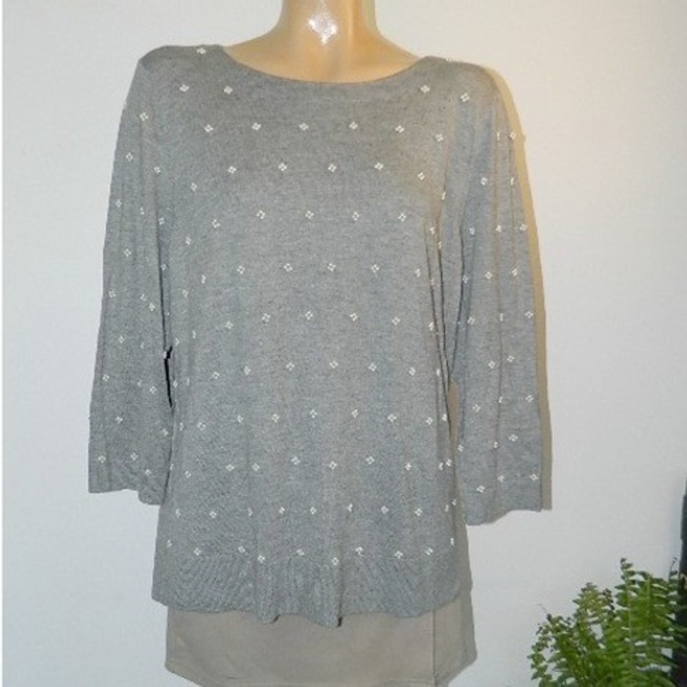 Talbots Pearl Embellished Sweater Women XL Grey 3/4 Sleeve Boatneck Knit Top